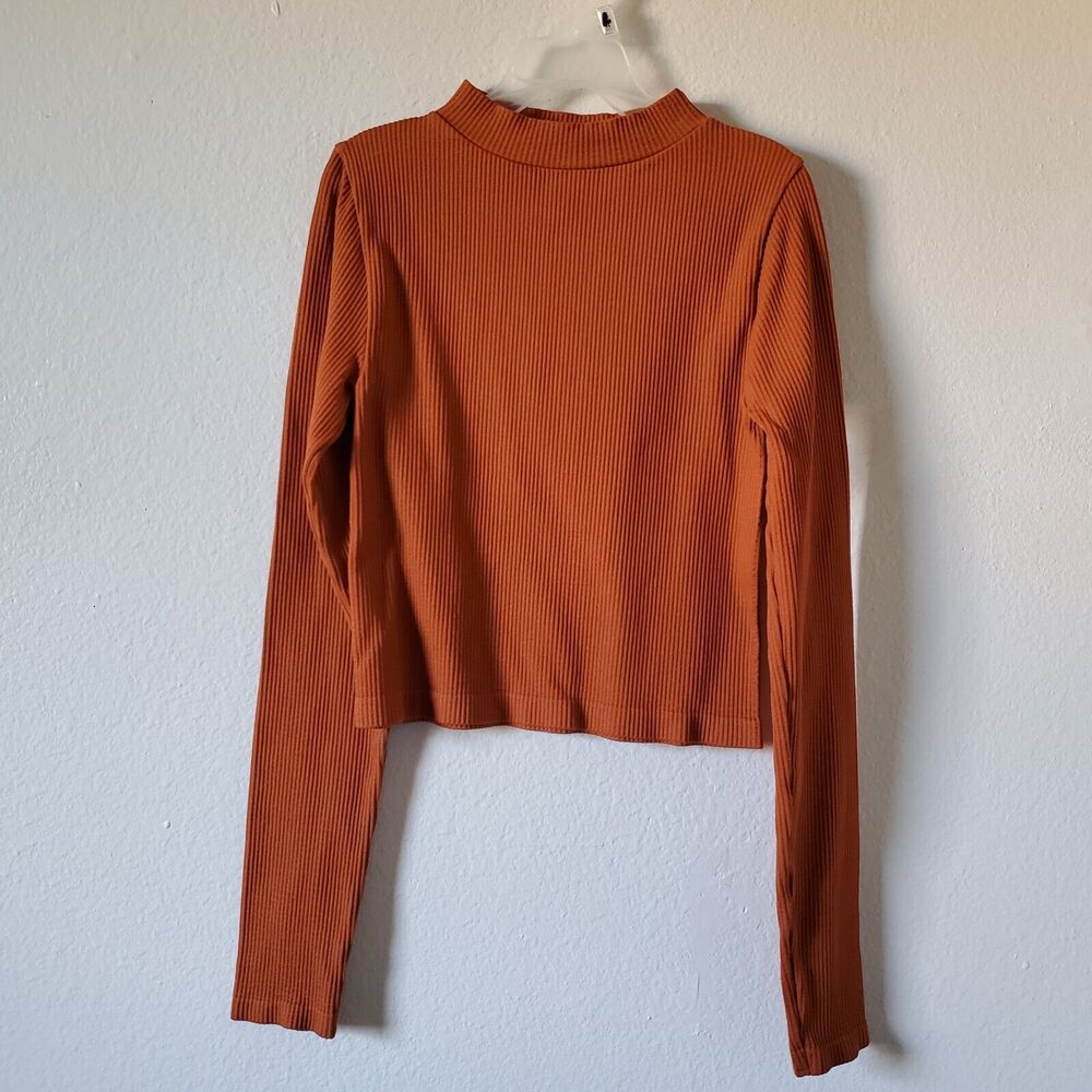 Long Sleeve Ribbed Crop Top Womens S/M Orange Mock Neck Stretch Knit Cropped
